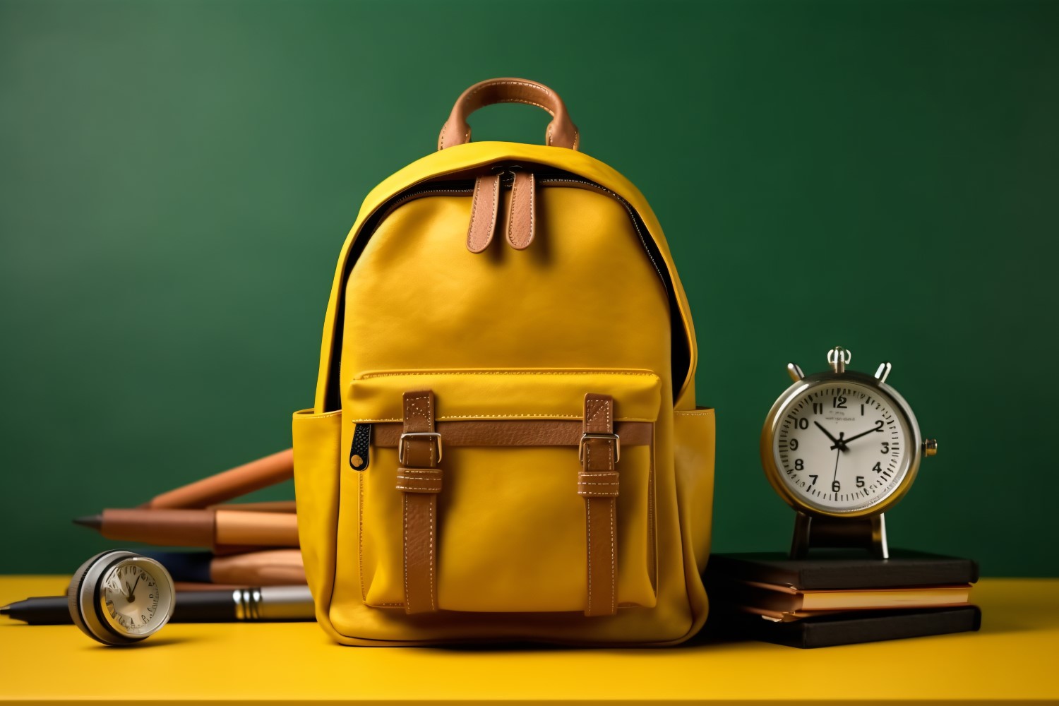 Yellow Backpack with a clock and school Supplies 177