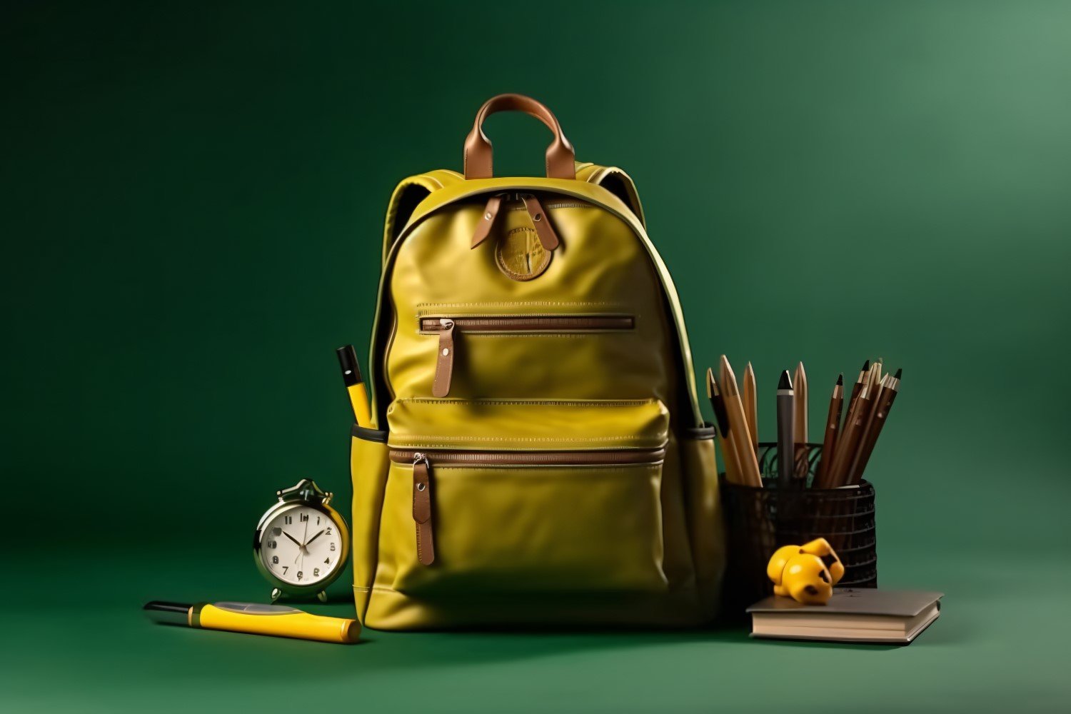 Yellow Backpack with a clock and school Supplies 178