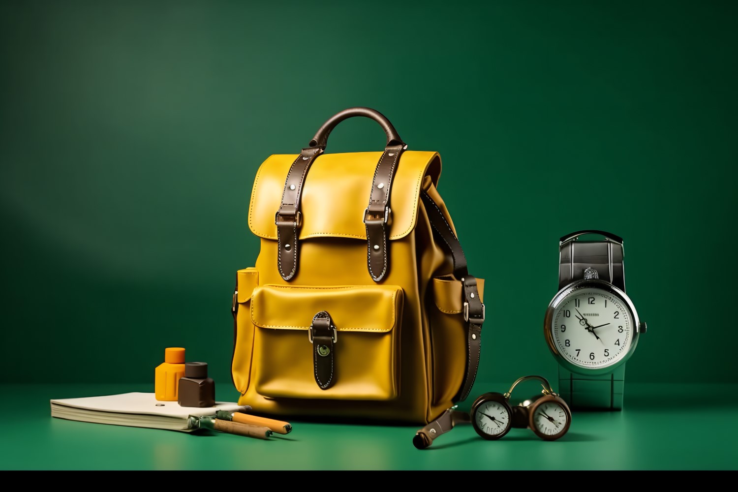 Yellow Backpack with a clock and school Supplies 179