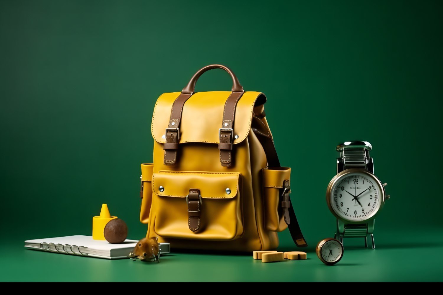 Yellow Backpack with a clock and school Supplies 180