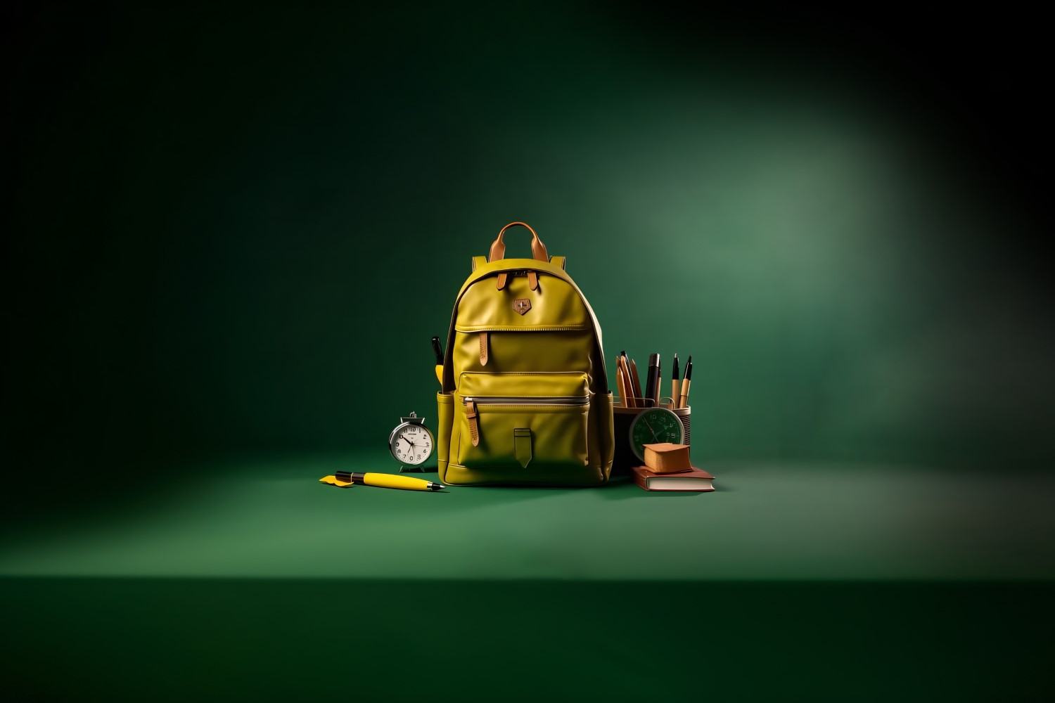 Yellow Backpack with a clock and school Supplies 182