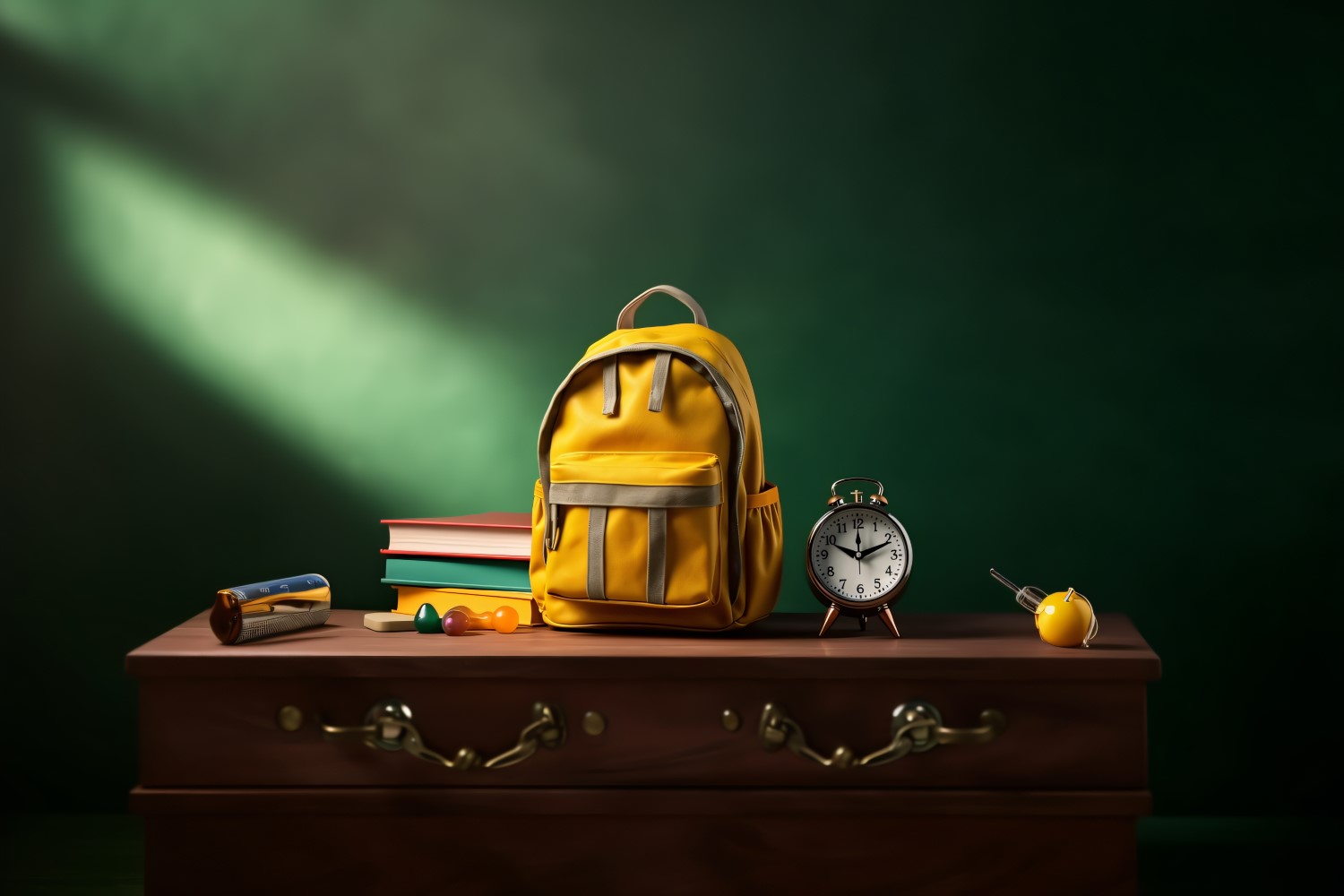 Yellow Backpack with a clock and school Supplies 185