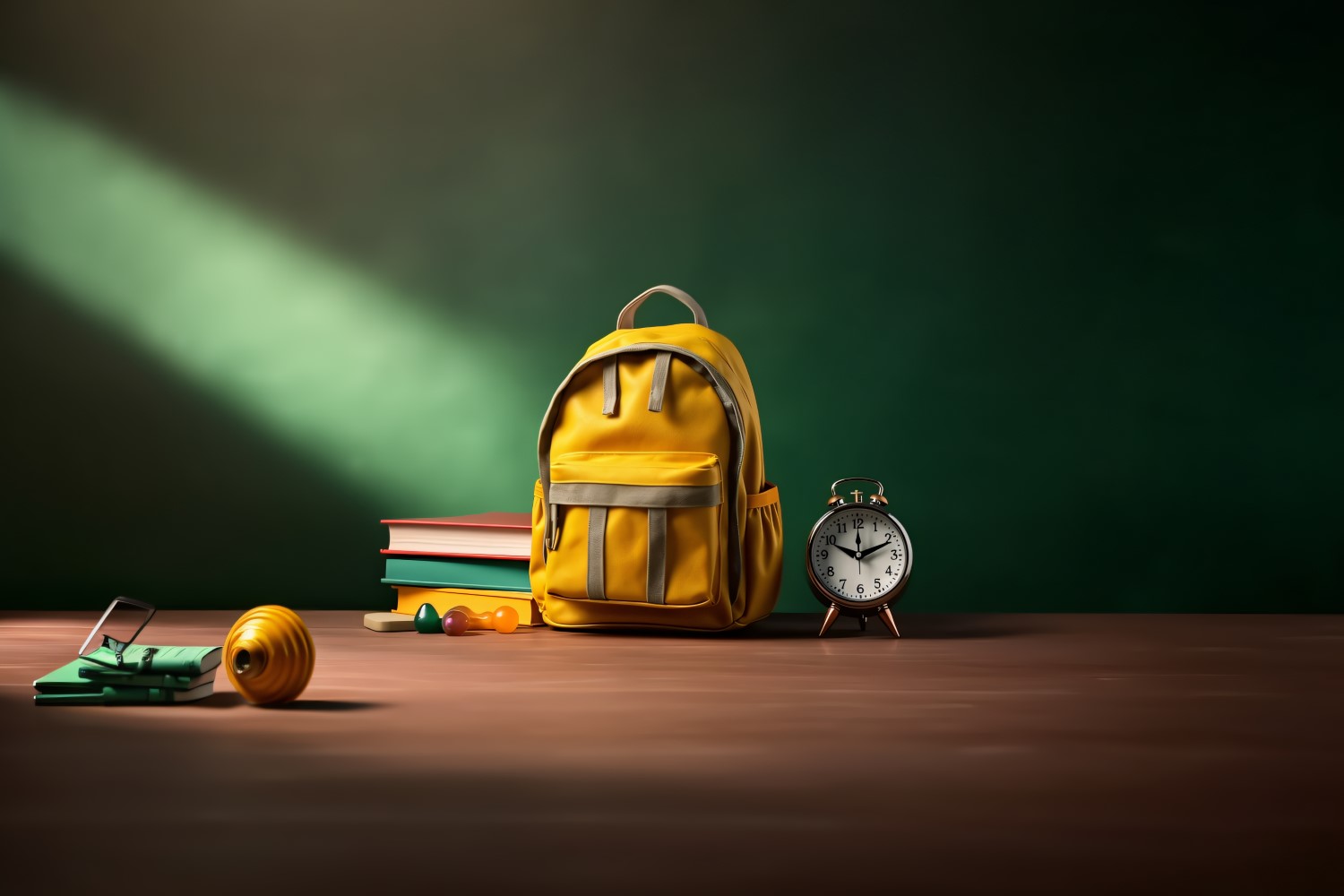 Yellow Backpack with a clock and school Supplies 184