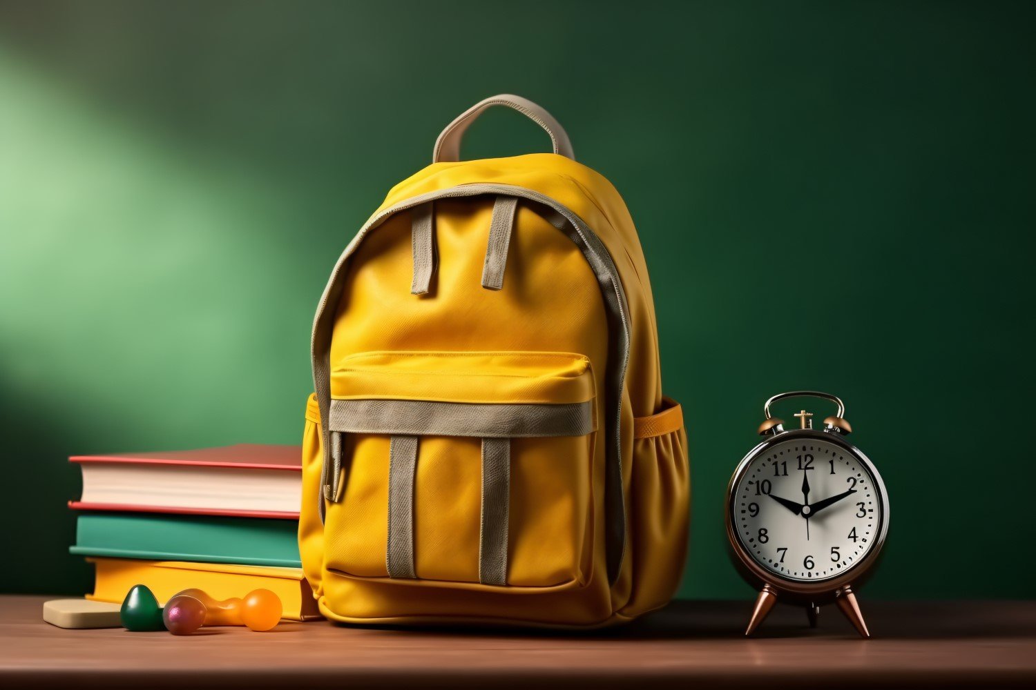 Yellow Backpack with a clock and school Supplies 188