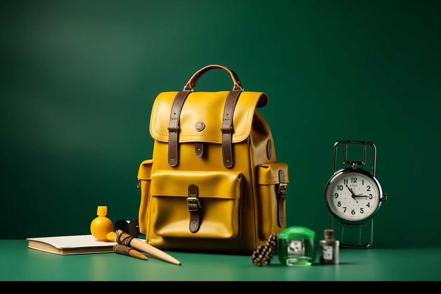 Yellow Backpack with a clock and school Supplies 187