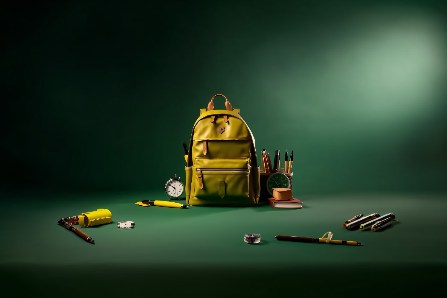 Yellow Backpack with a clock and school Supplies 189