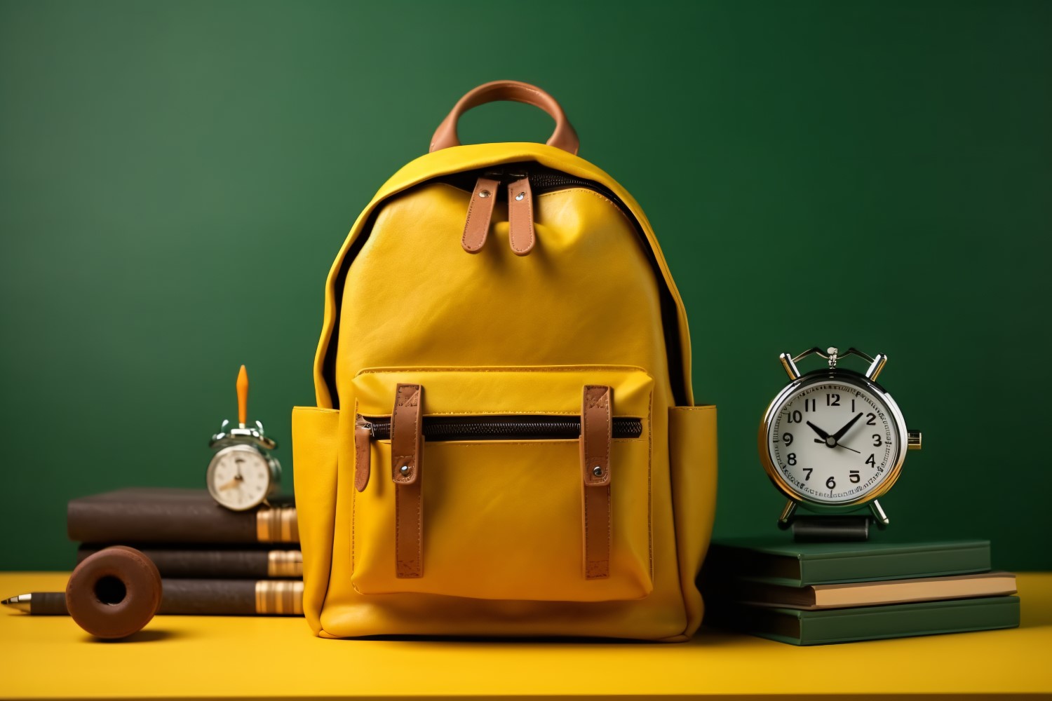 Yellow Backpack with a clock and school Supplies 186