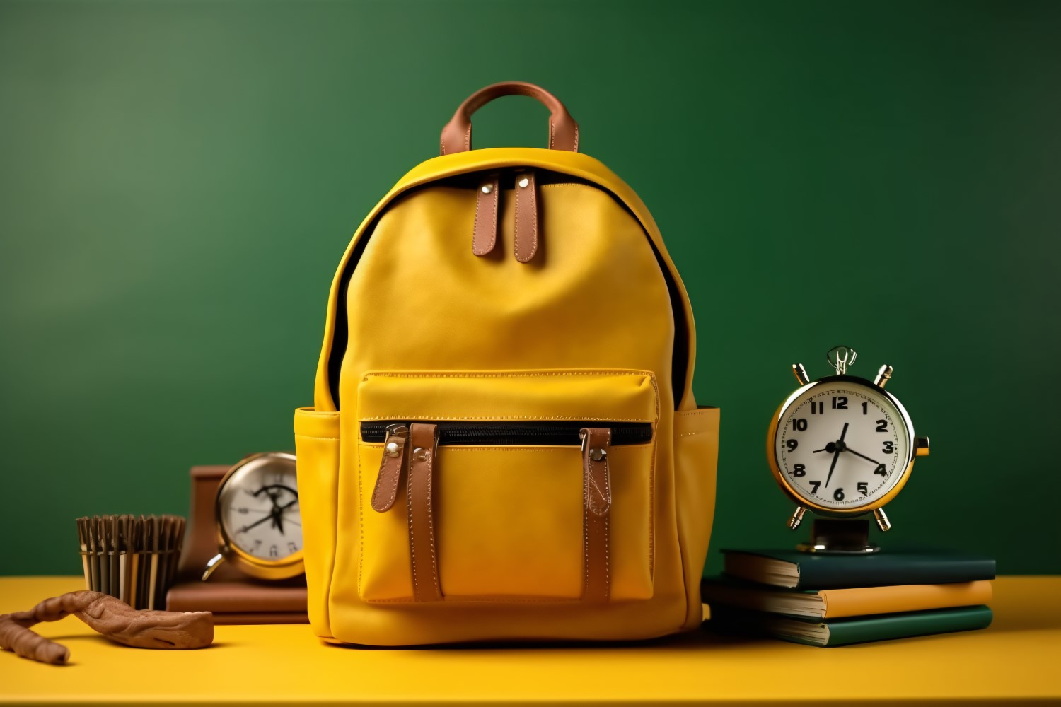 Yellow Backpack with a clock and school Supplies 1992