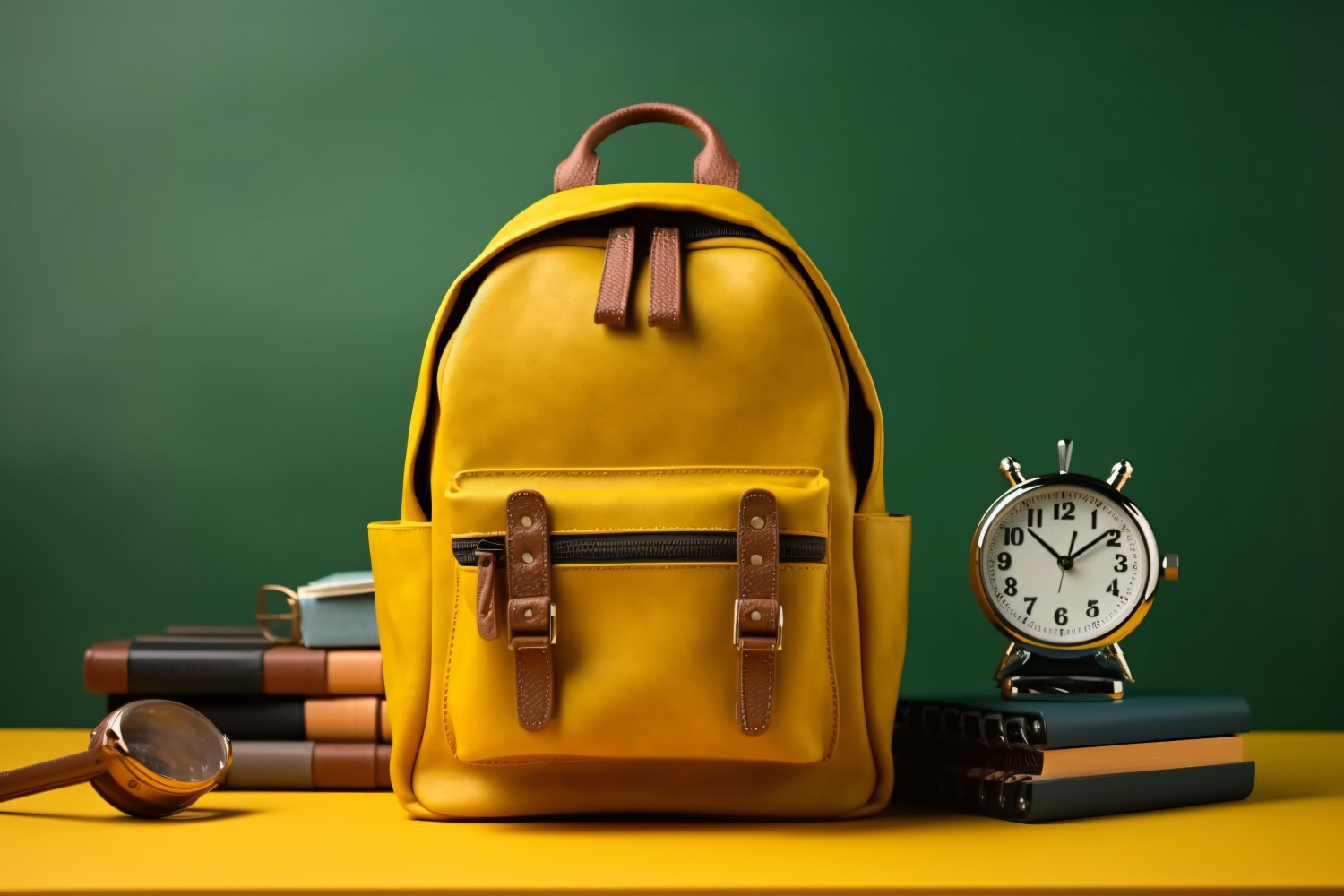 Yellow Backpack with a clock and school Supplies 193