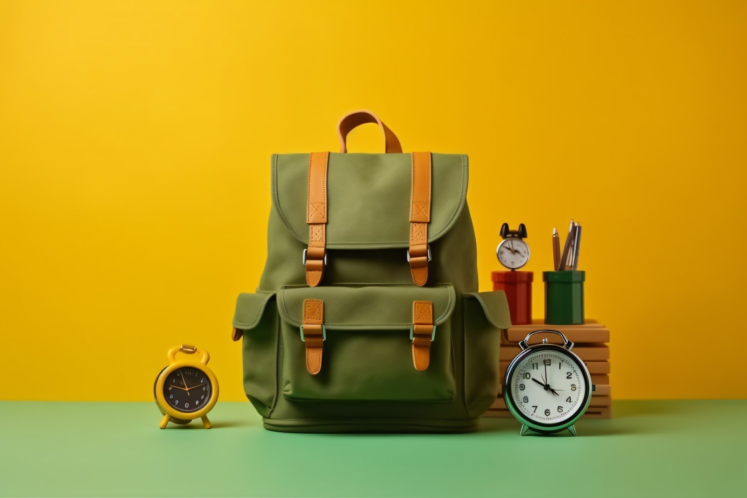 Yellow Backpack with a clock and school Supplies 194