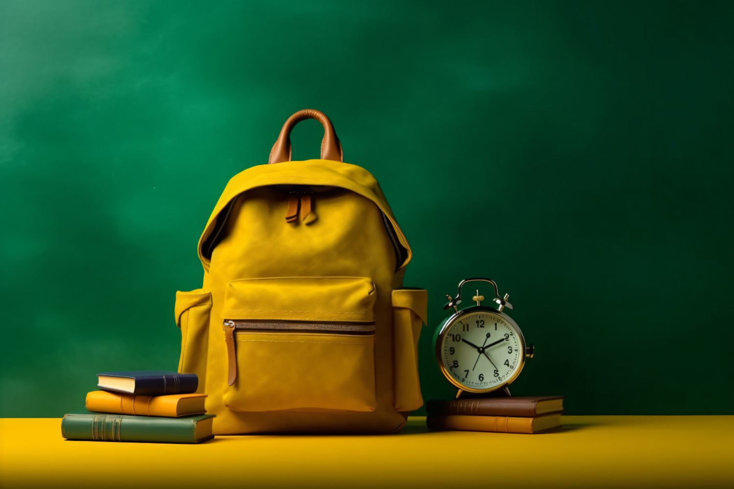 Yellow Backpack with a clock and school Supplies 195