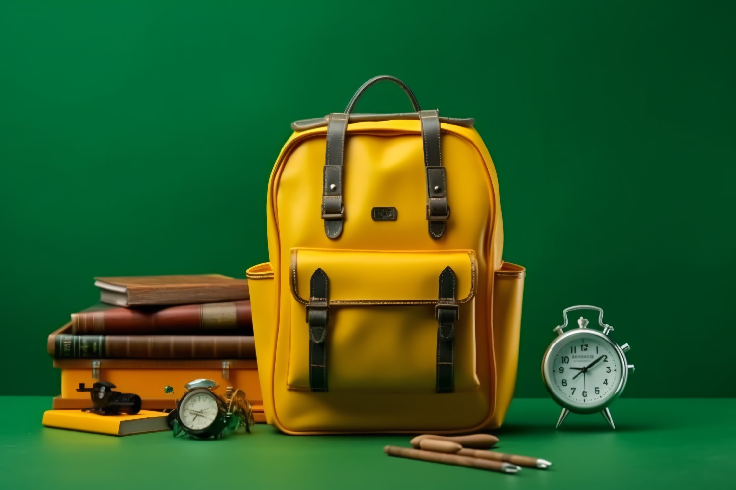 Yellow Backpack with a clock and school Supplies 196