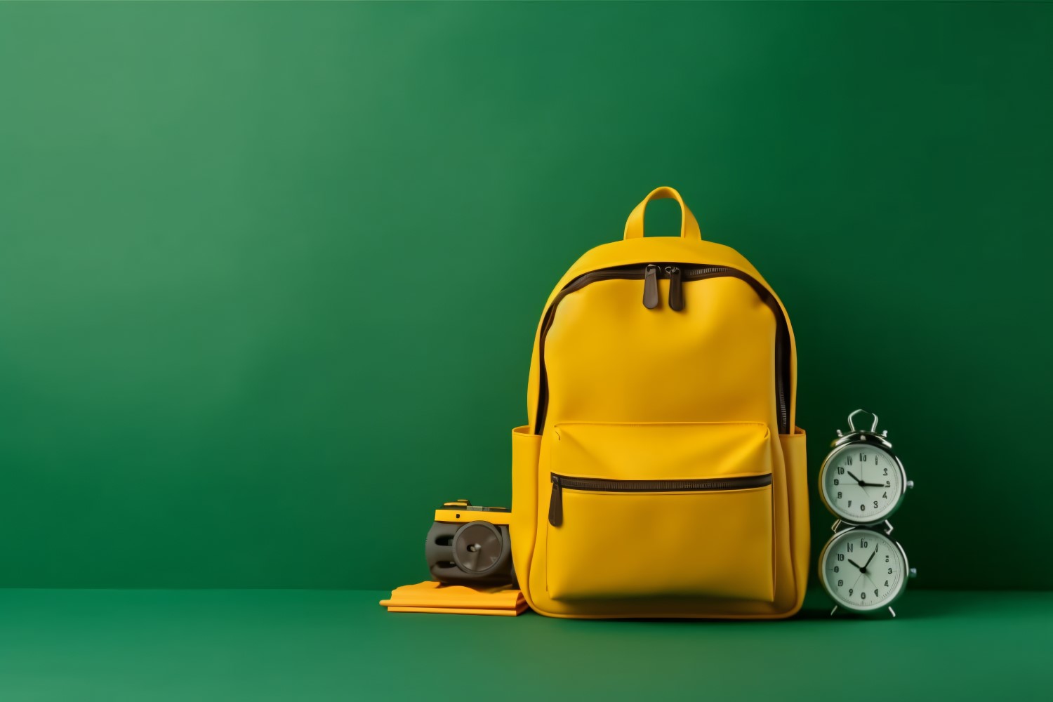 Yellow Backpack with a clock and school Supplies 197