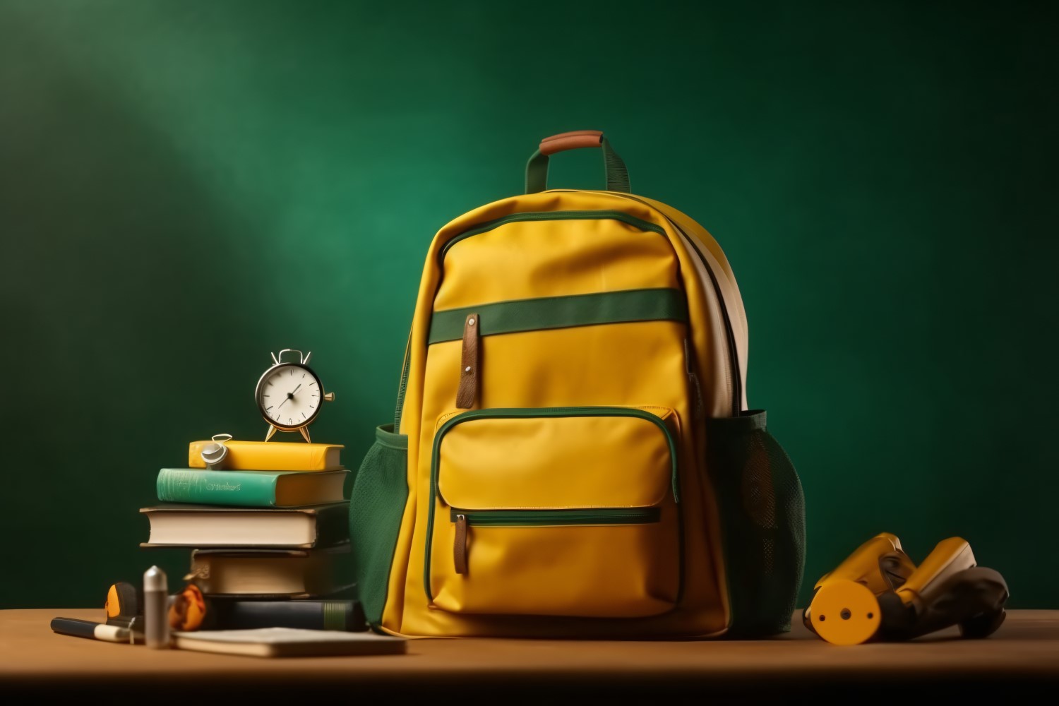 Yellow Backpack with a clock and school Supplies 199