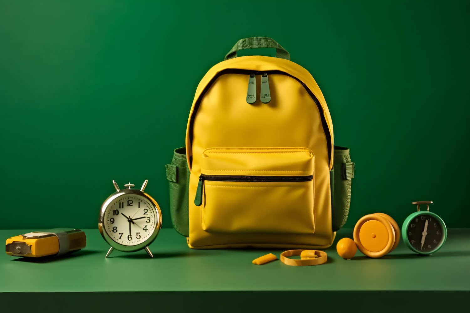 Yellow Backpack with a clock and school Supplies 198