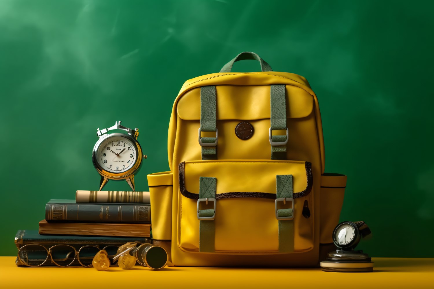 Yellow Backpack with a clock and school Supplies 200