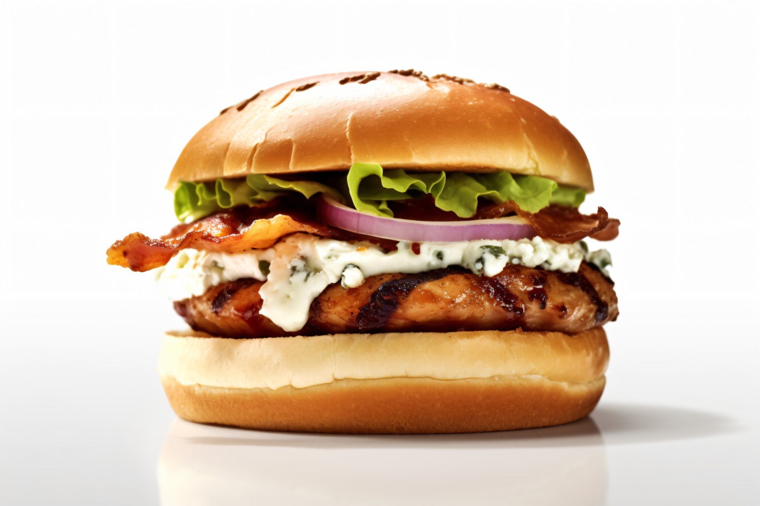 Bacon burger with beef patty, on white background 10