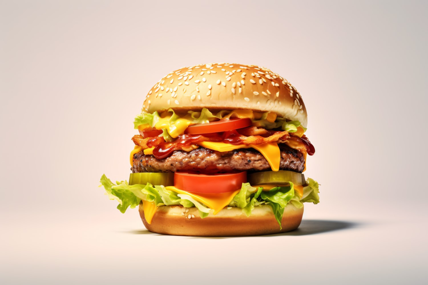Bacon burger with beef patty, on white background 32