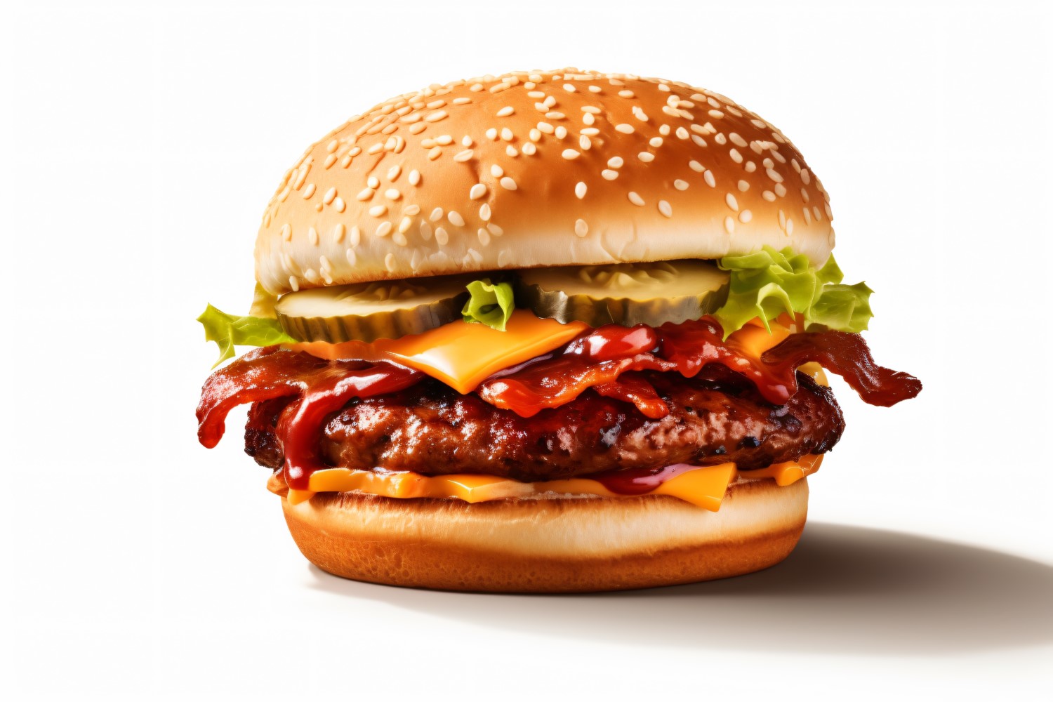 Bacon burger with beef patty, on white background 58