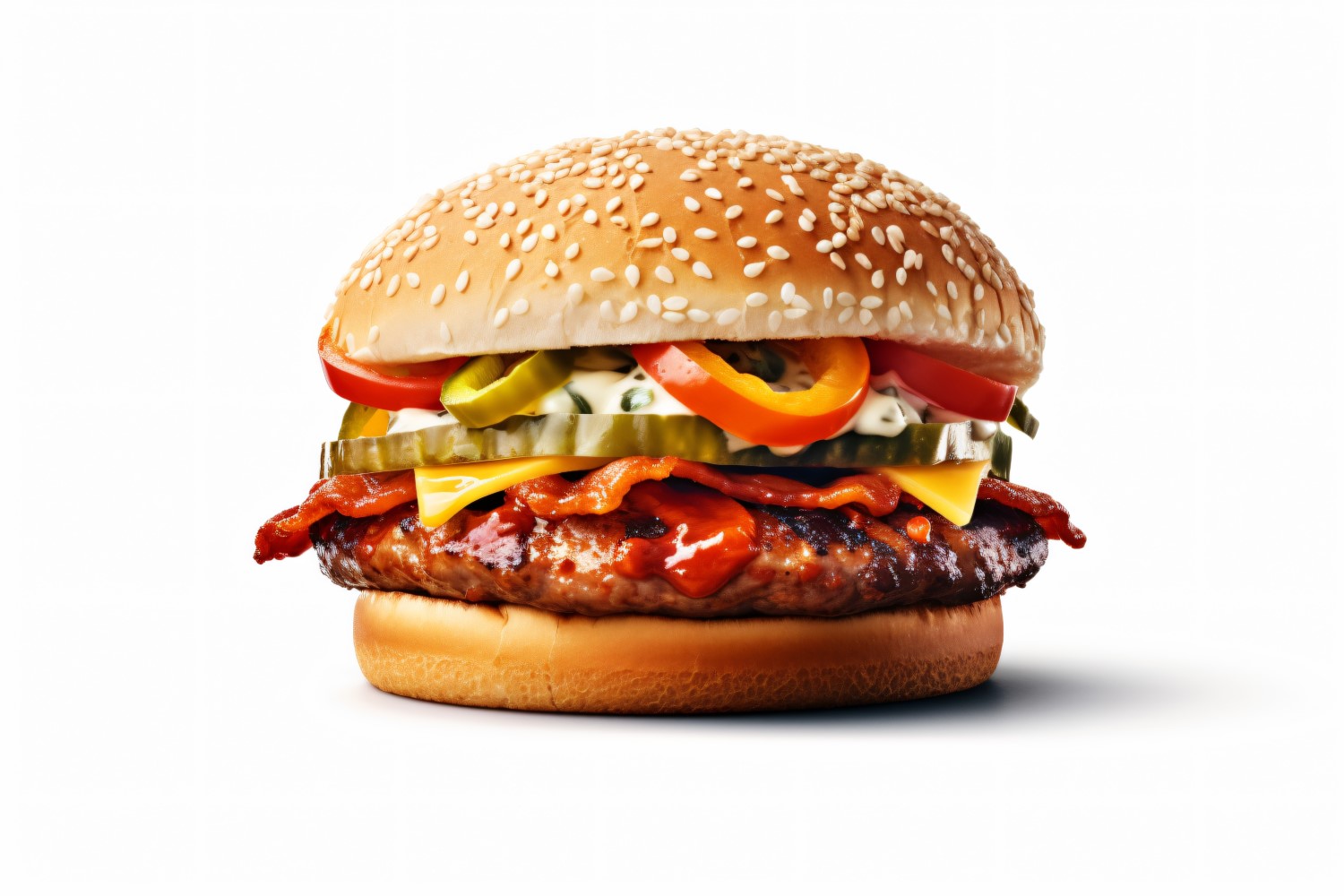 Bacon burger with beef patty, on white background 61