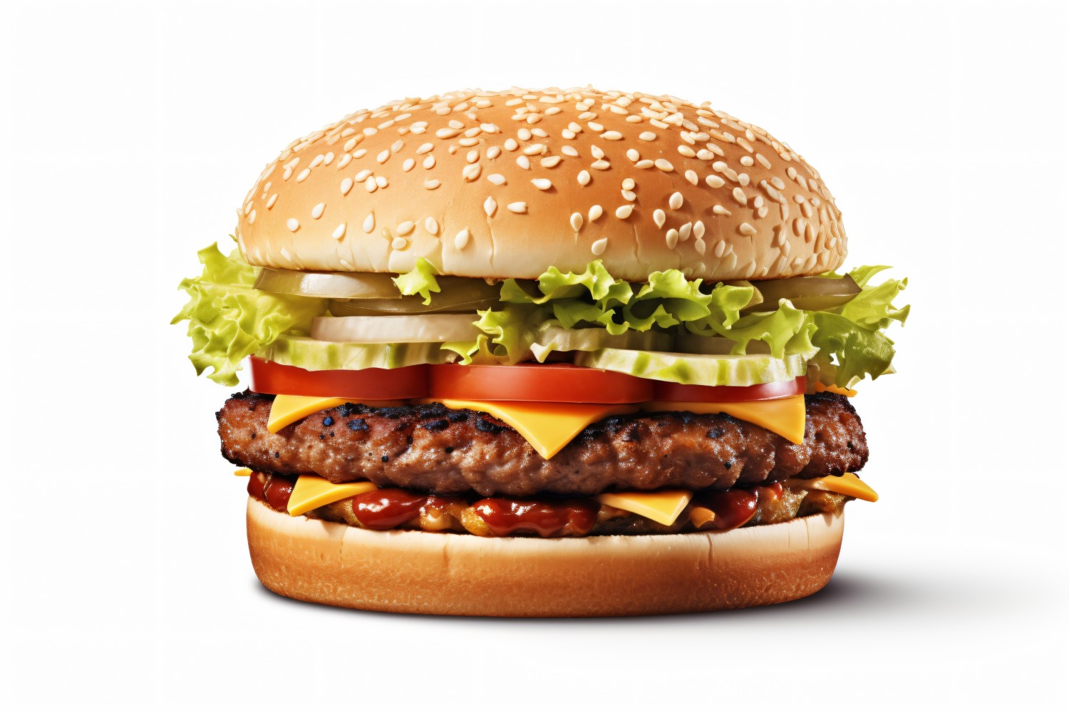 Bacon burger with beef patty, on white background 63