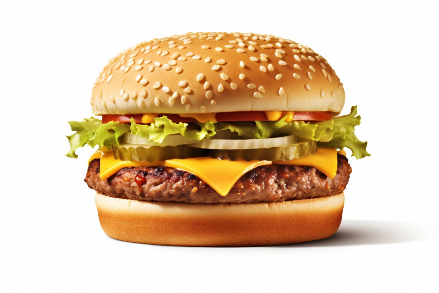 Bacon burger with beef patty, on white background 64