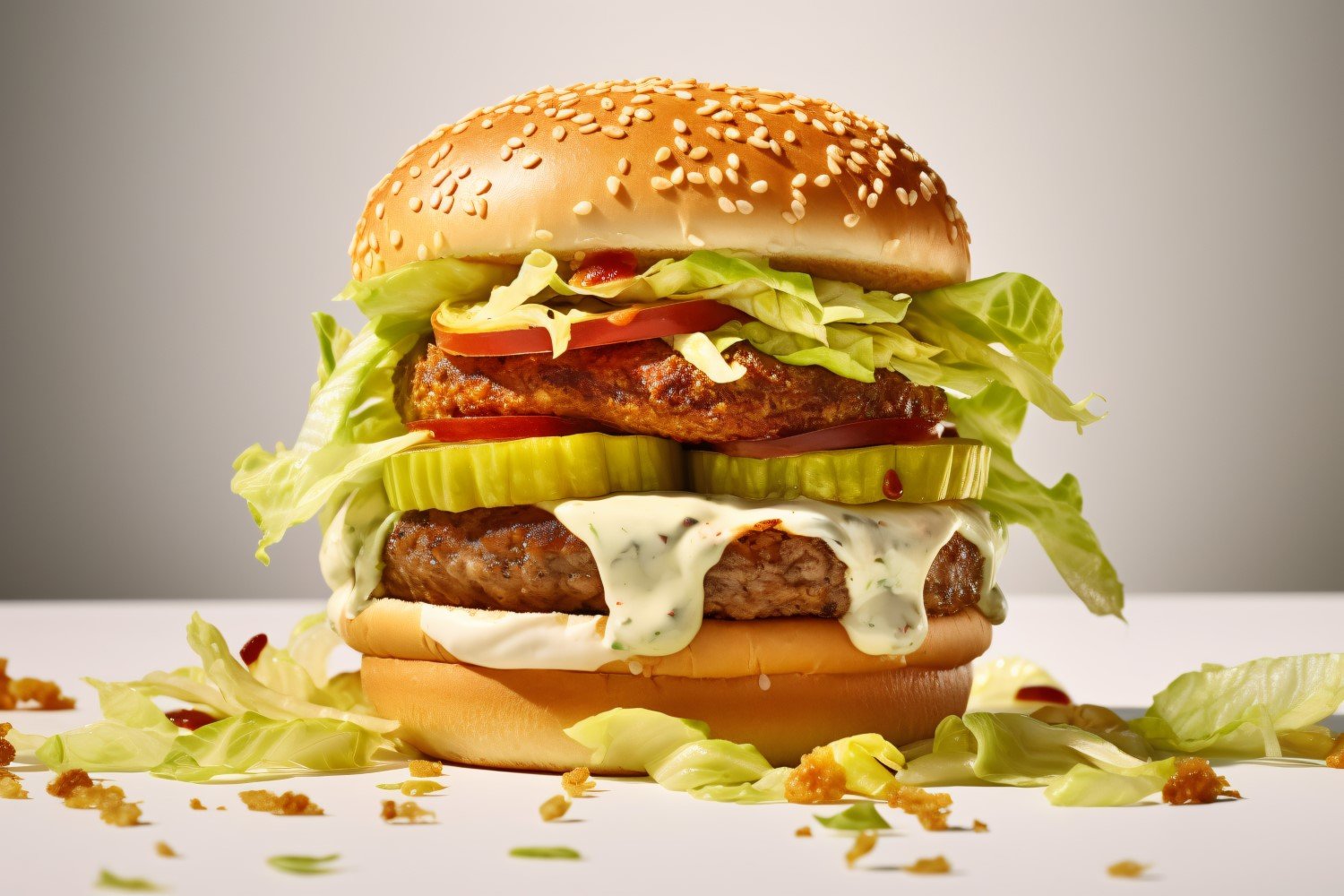 Bacon burger with beef patty, on white background 65