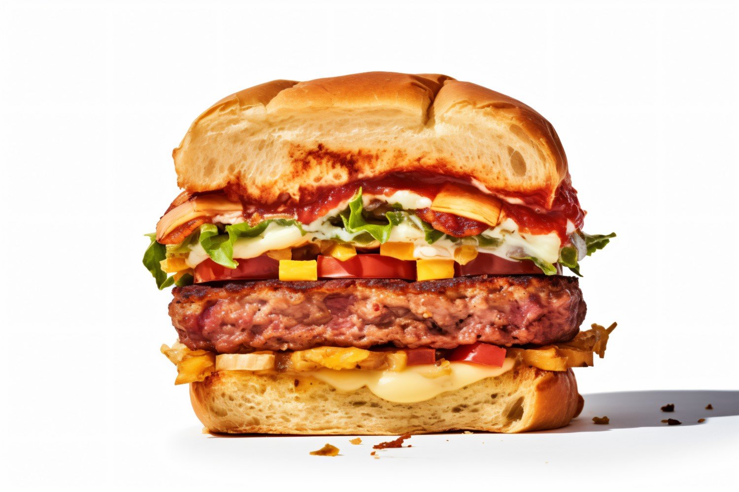 Bacon burger with beef patty, on white background 69