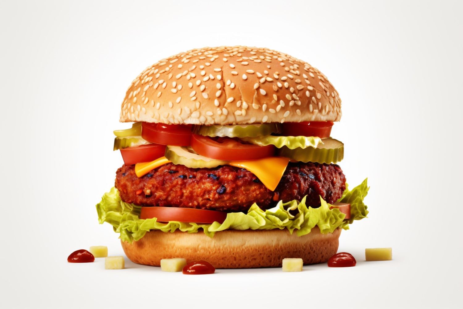 Bacon burger with beef patty, on white background 74