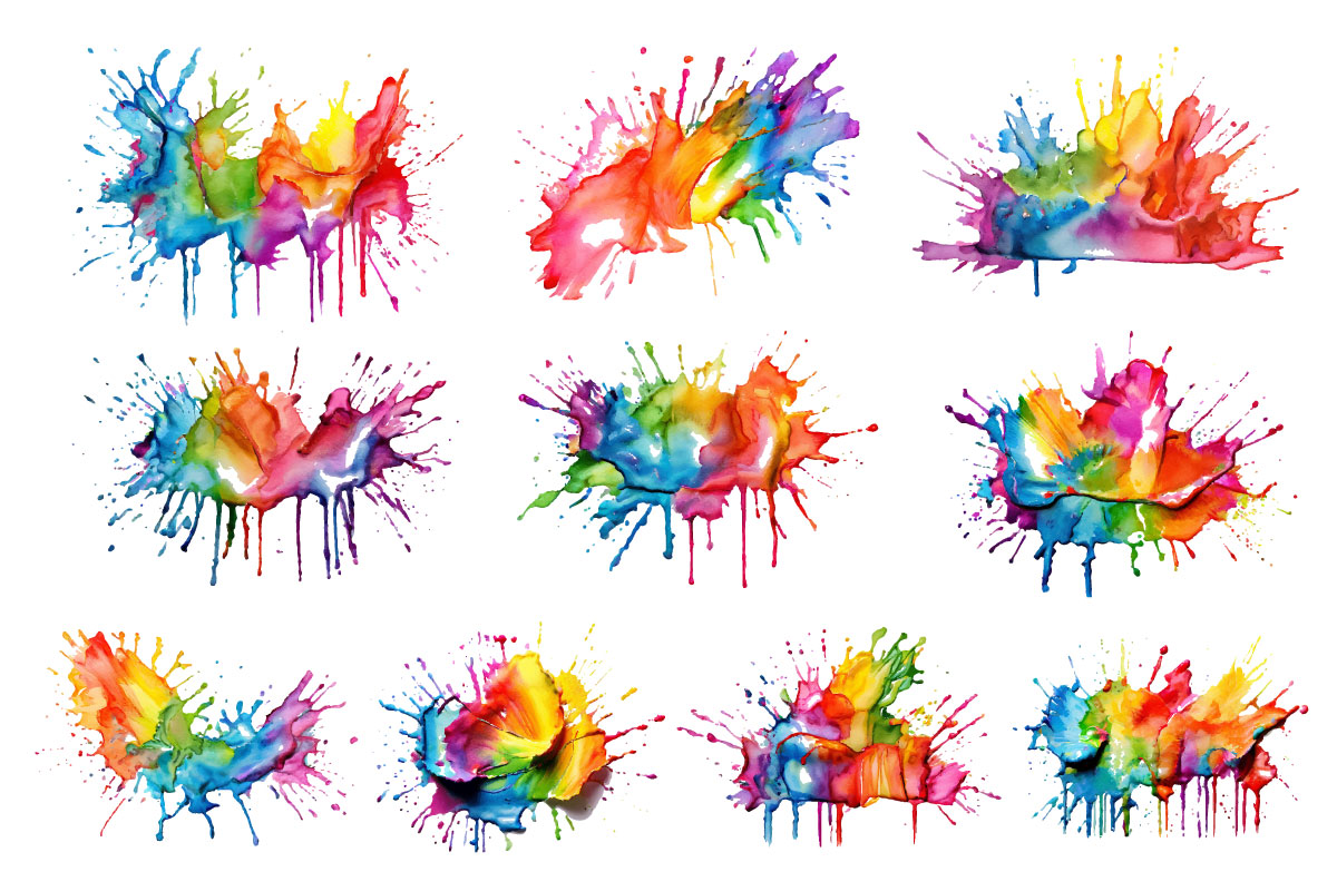 Watercolor ink splatter paint brush, rainbow paint splash brush