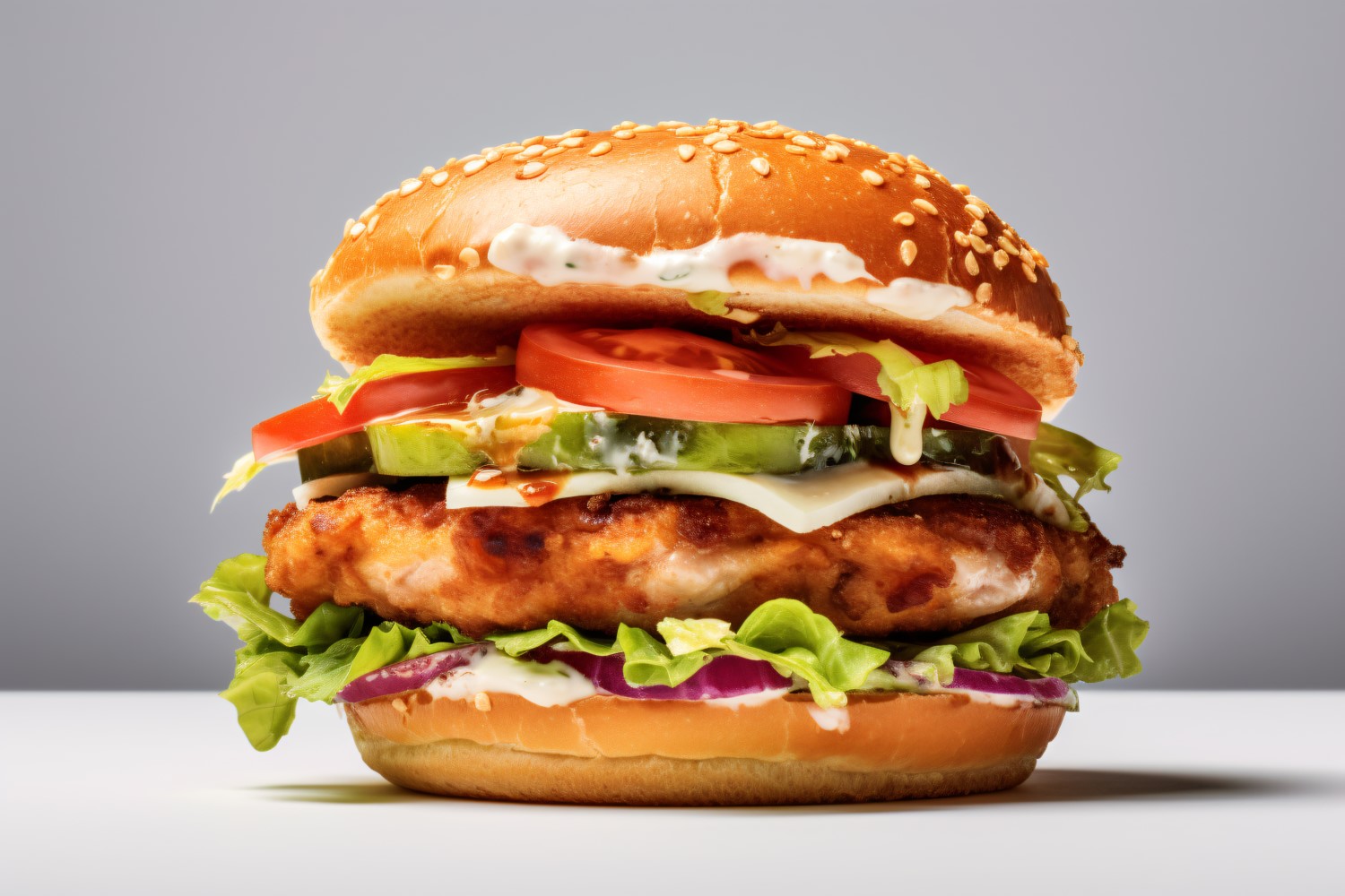 Crunchy Chicken and Fish Burger, on white background 83