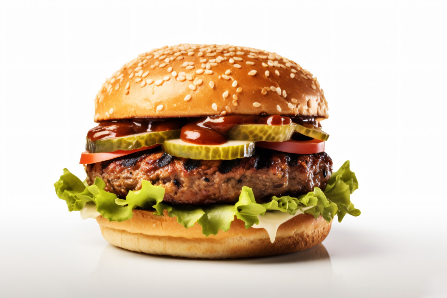 Bacon burger with beef patty, on white background 84