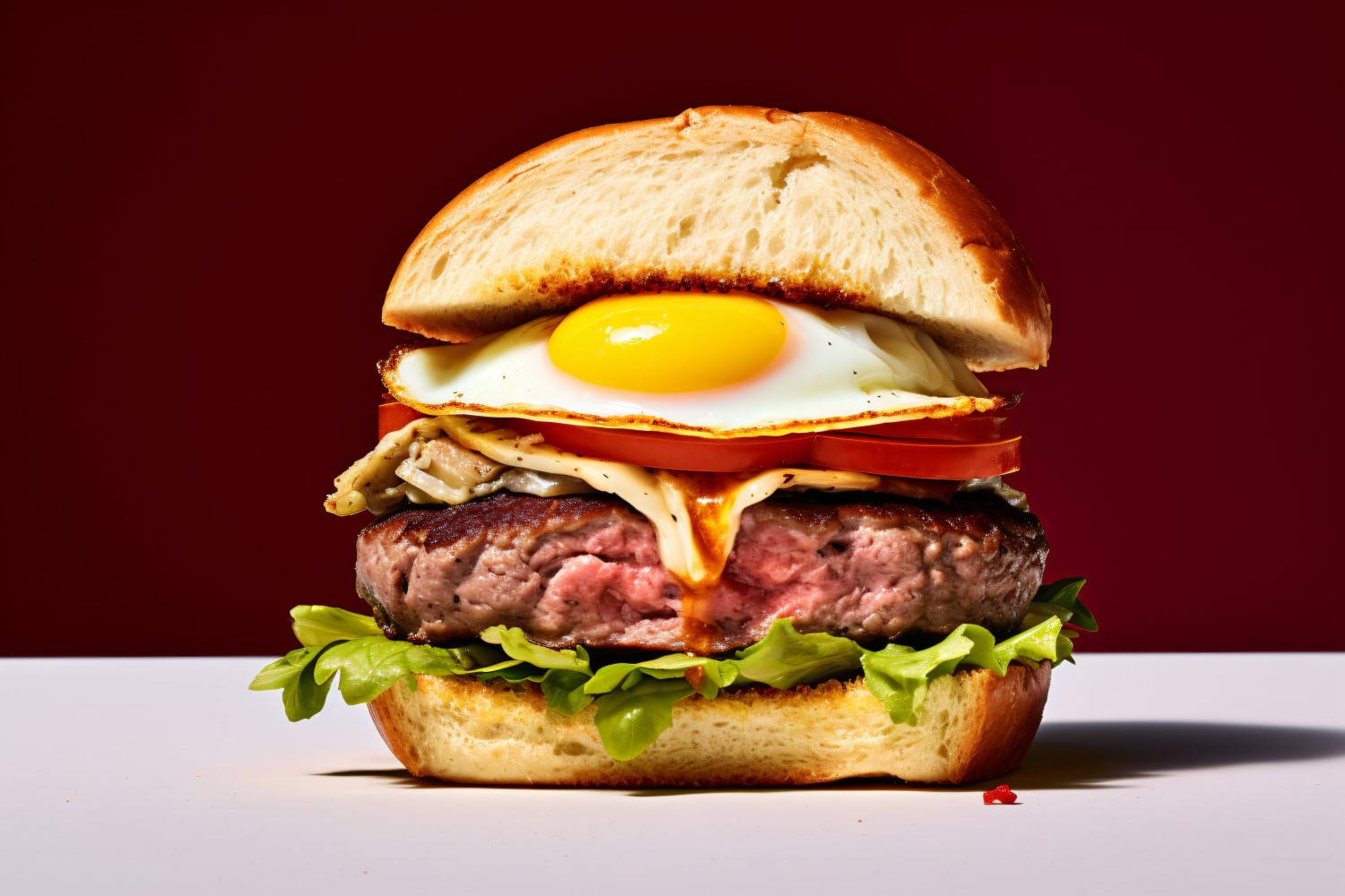 A beef burger with a fried egg on it 95
