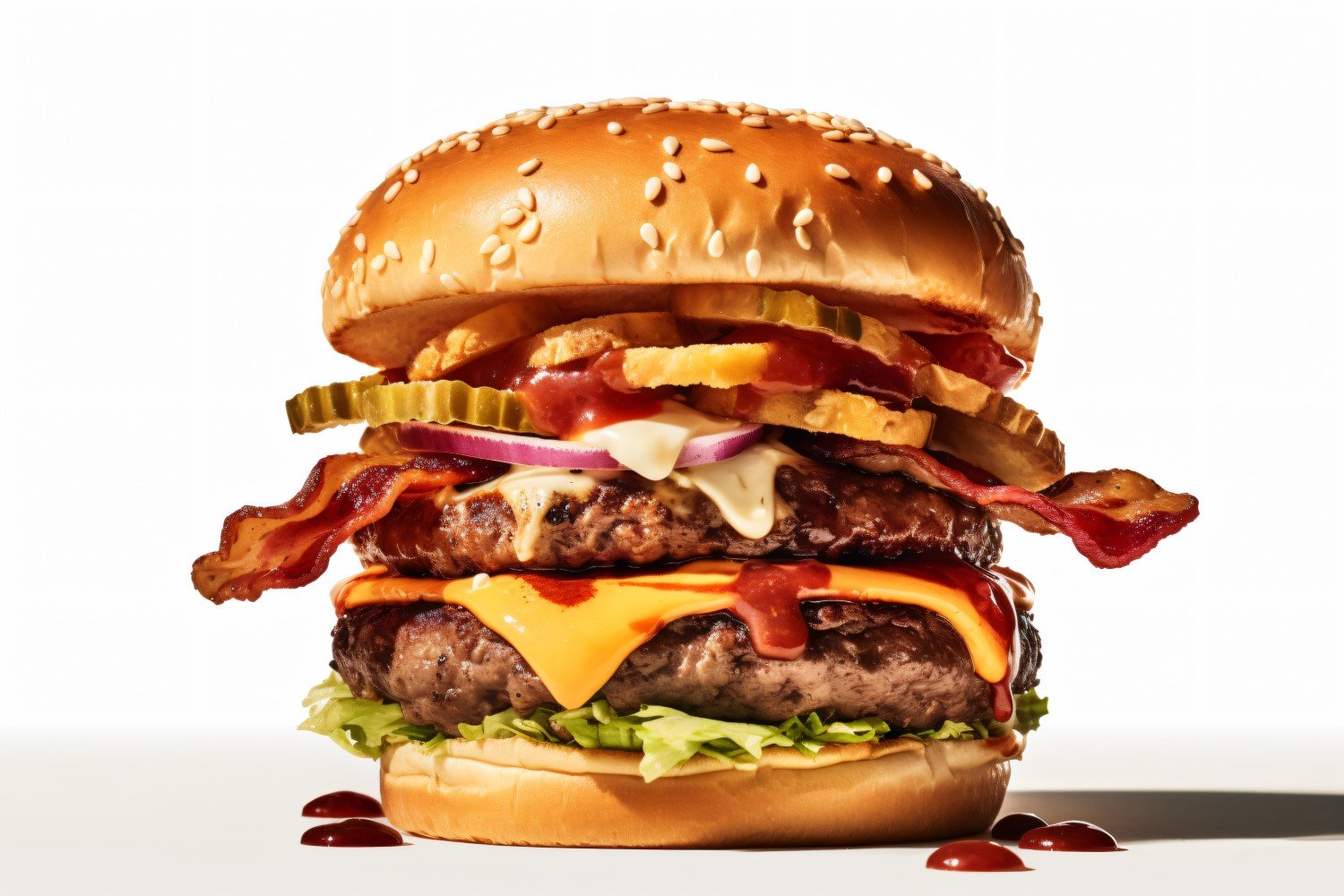 Bacon burger with beef patty, on white background 96