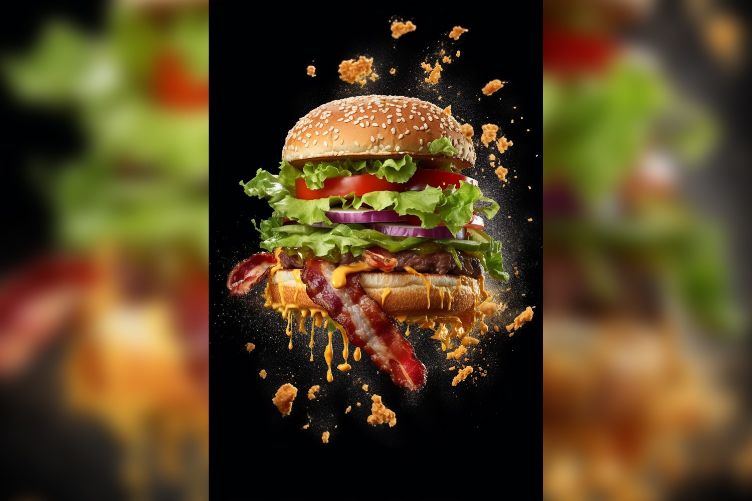 Bacon burger with beef patty and floating ingredients 1