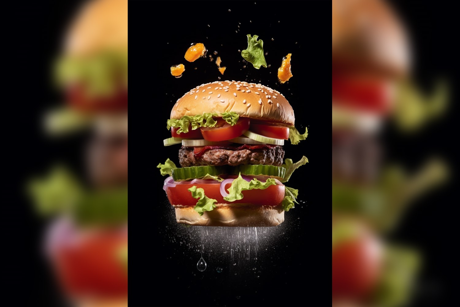 Bacon burger with beef patty and floating ingredients 20