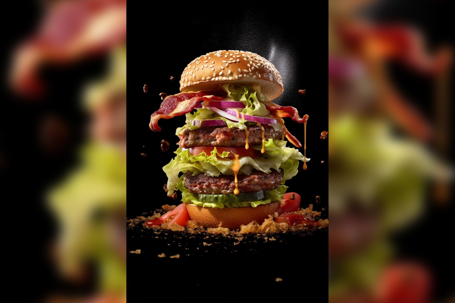 Bacon burger with beef patty and floating ingredients 21