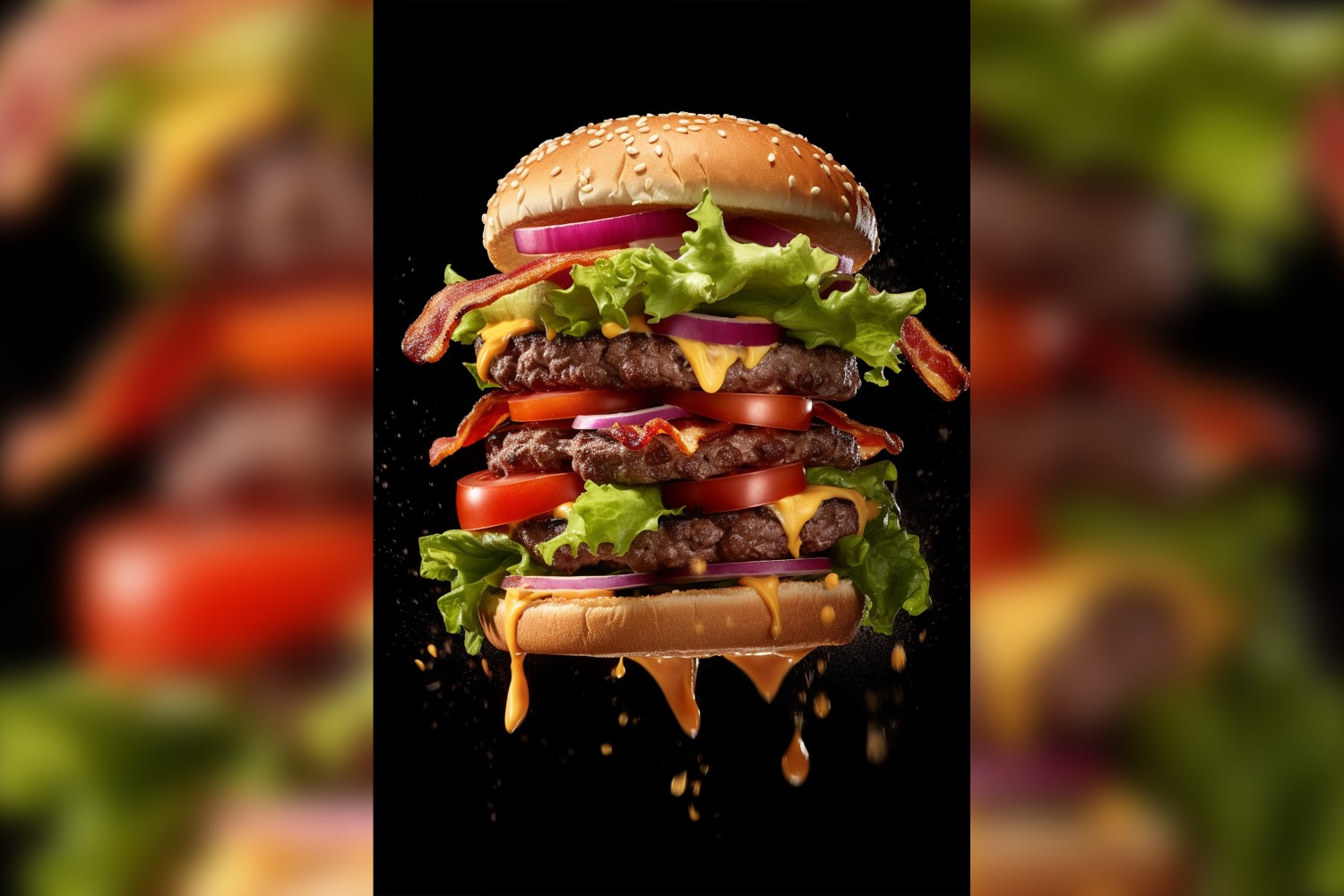 Bacon burger with beef patty and floating ingredients 24