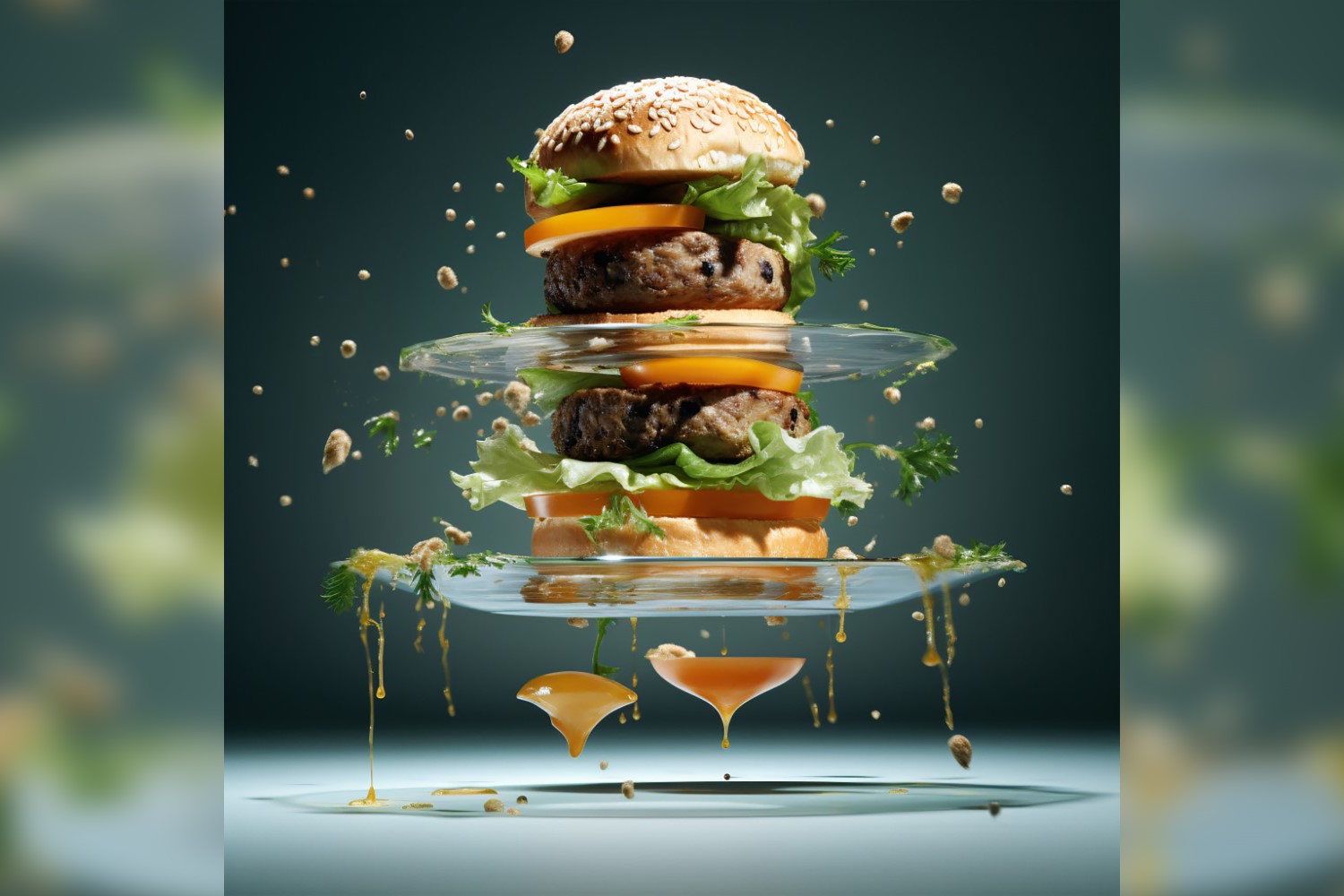 Floating burger open all layers in glass bowl 29