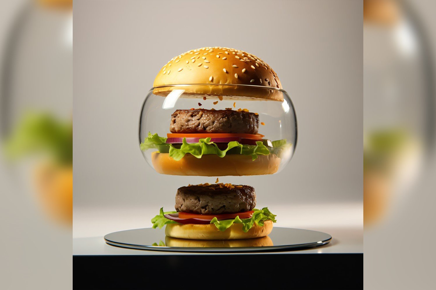 Floating burger open all layers in glass bowl 32