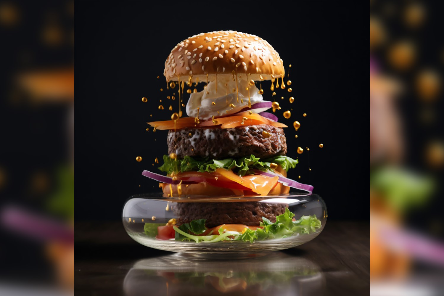 Floating burger open all layers in glass bowl 33