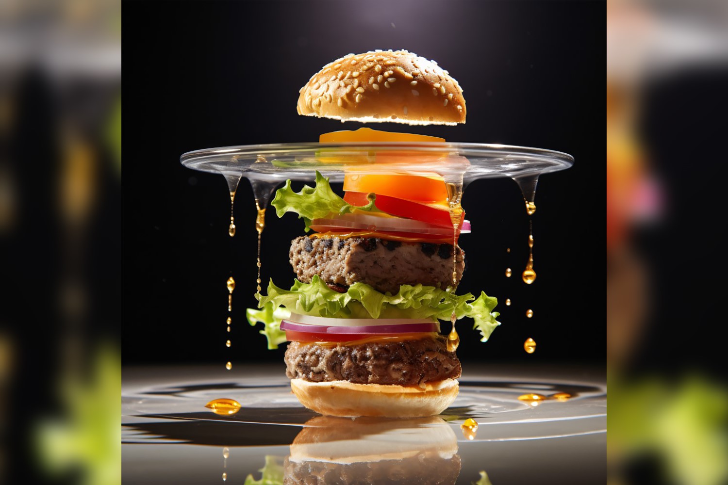 Floating burger open all layers in glass bowl 34