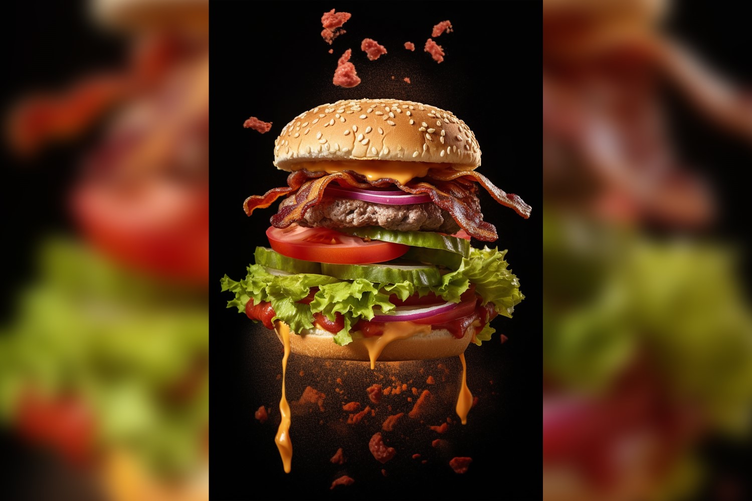 Bacon burger with beef patty and floating ingredients 53