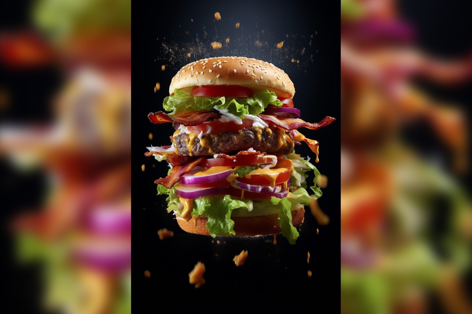 Bacon burger with beef patty and floating ingredients 54