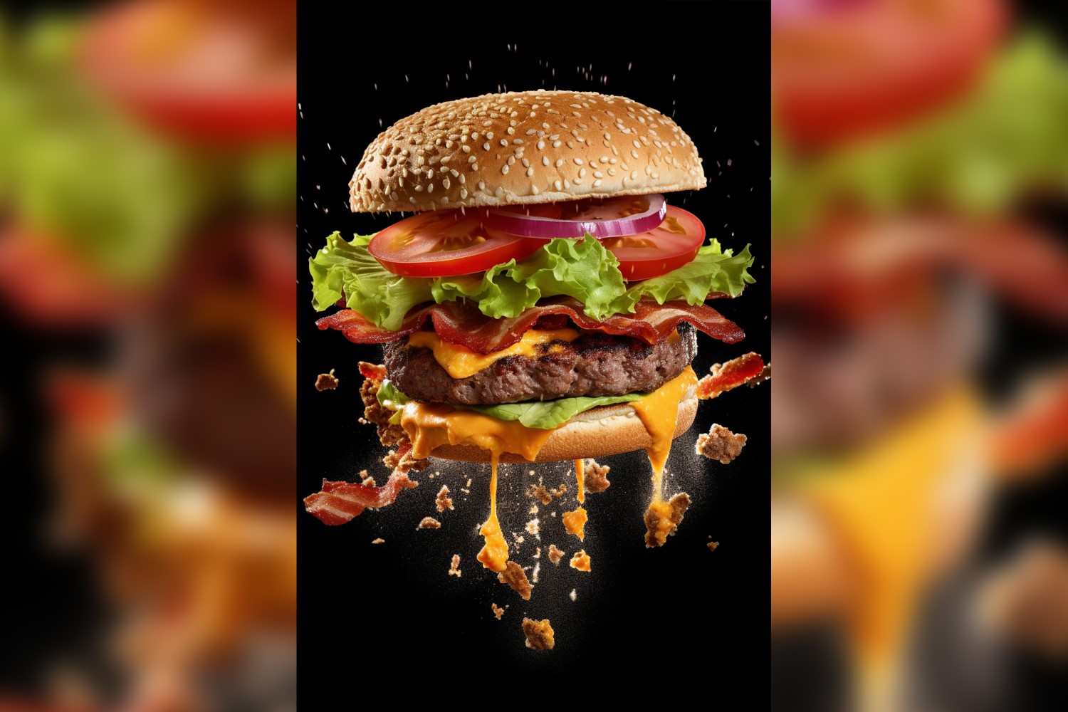 Bacon burger with beef patty and floating ingredients 56