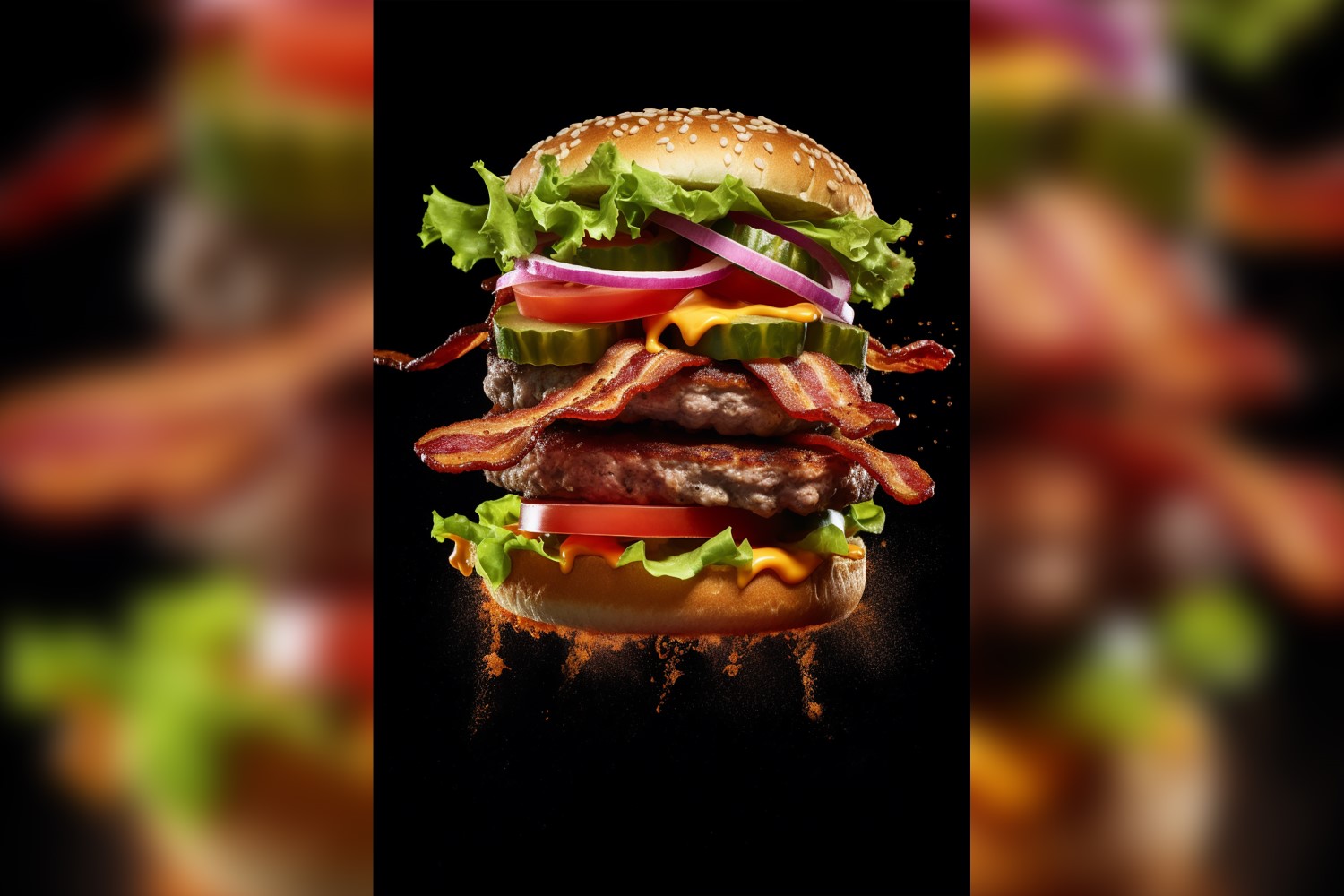 Bacon burger with beef patty and floating ingredients 57