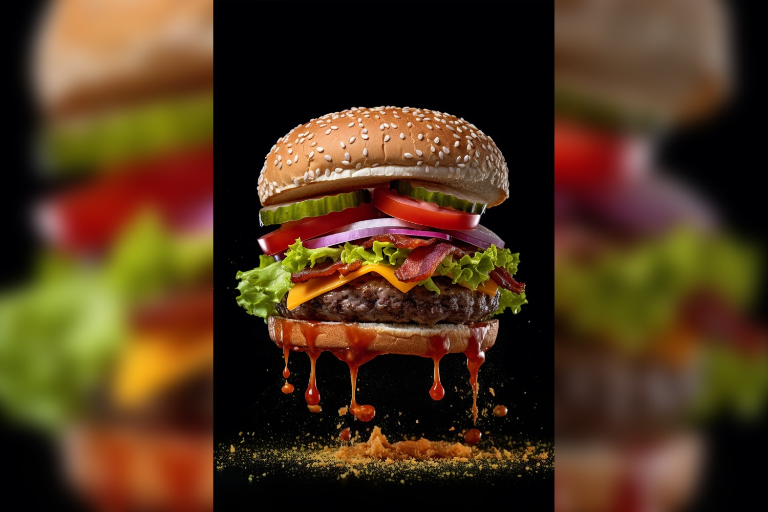 Bacon burger with beef patty and floating ingredients 58