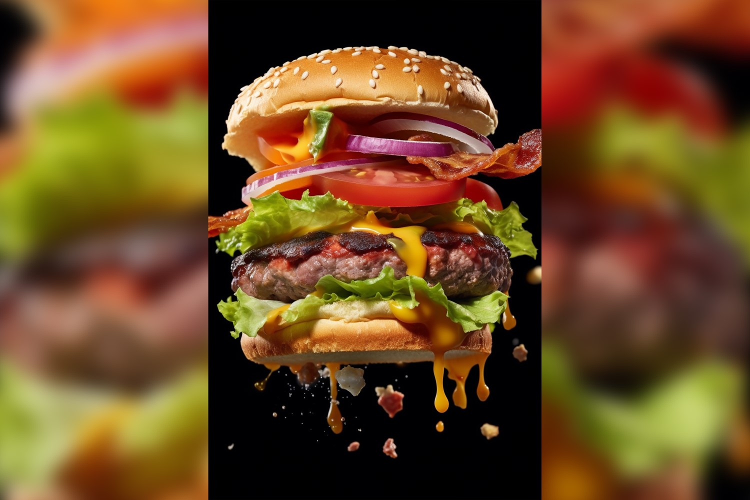 Bacon burger with beef patty and floating ingredients 59