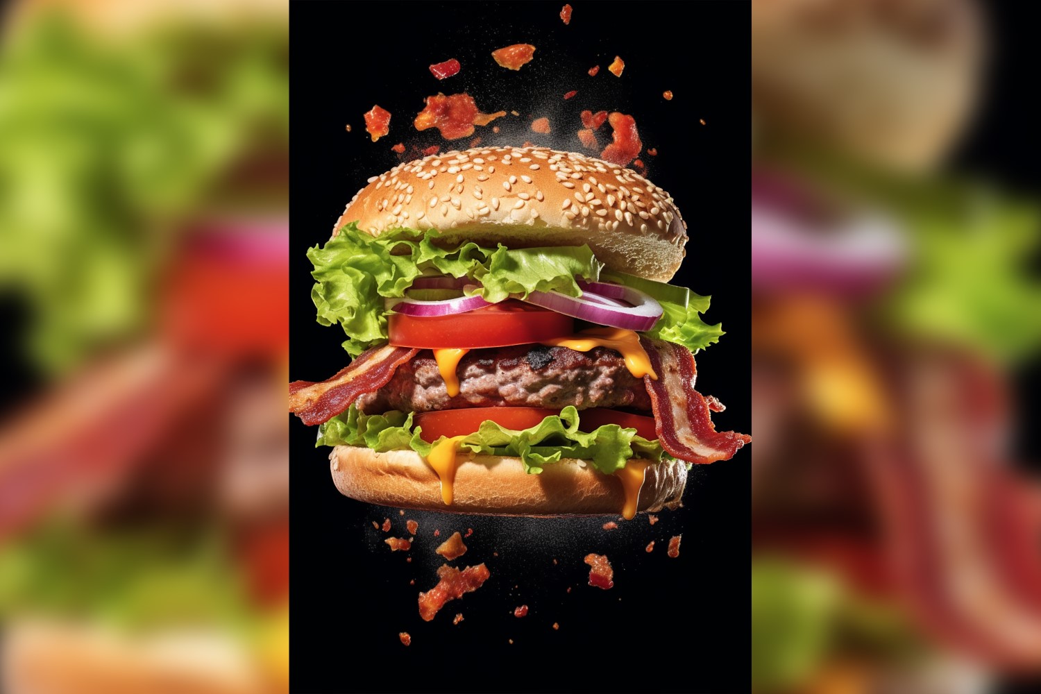 Bacon burger with beef patty and floating ingredients 60