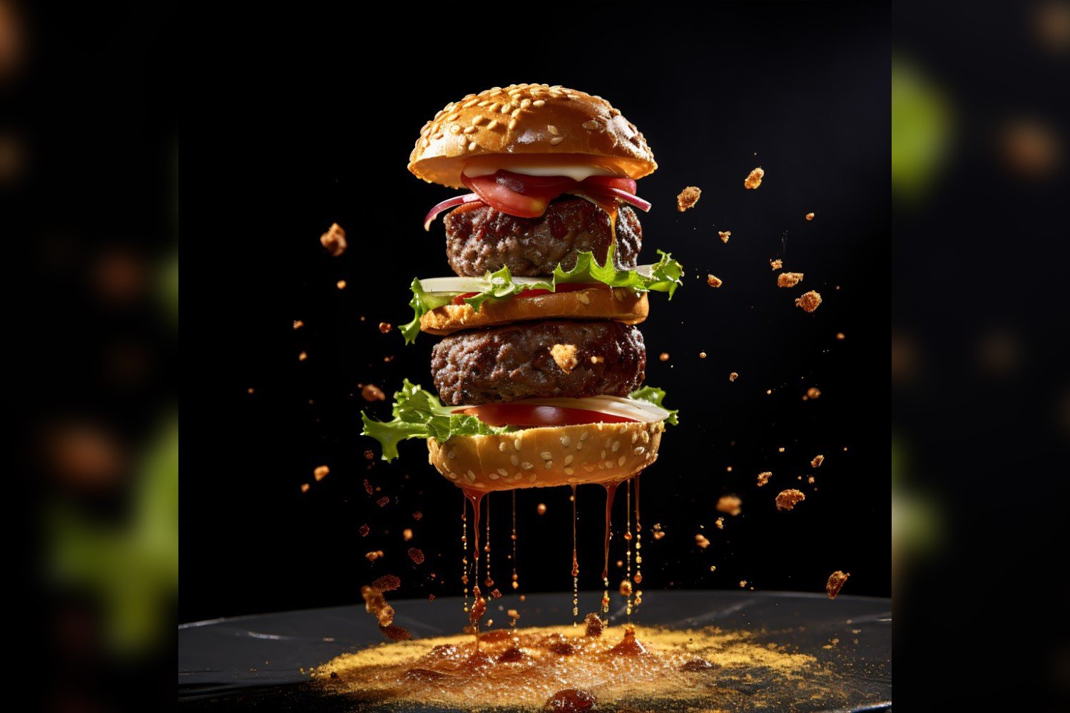 Bacon burger with beef patty and floating ingredients 61